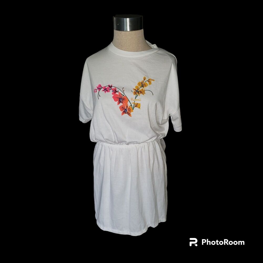 Vintage Hawaiian Flavor Cover Up T Shirt Dress White Floral New With Tags